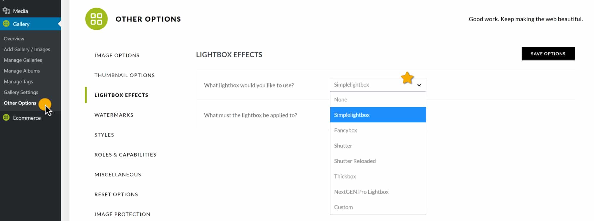 A preview picture of NextGen Gallery UI explaining how to select a lightbox Effect