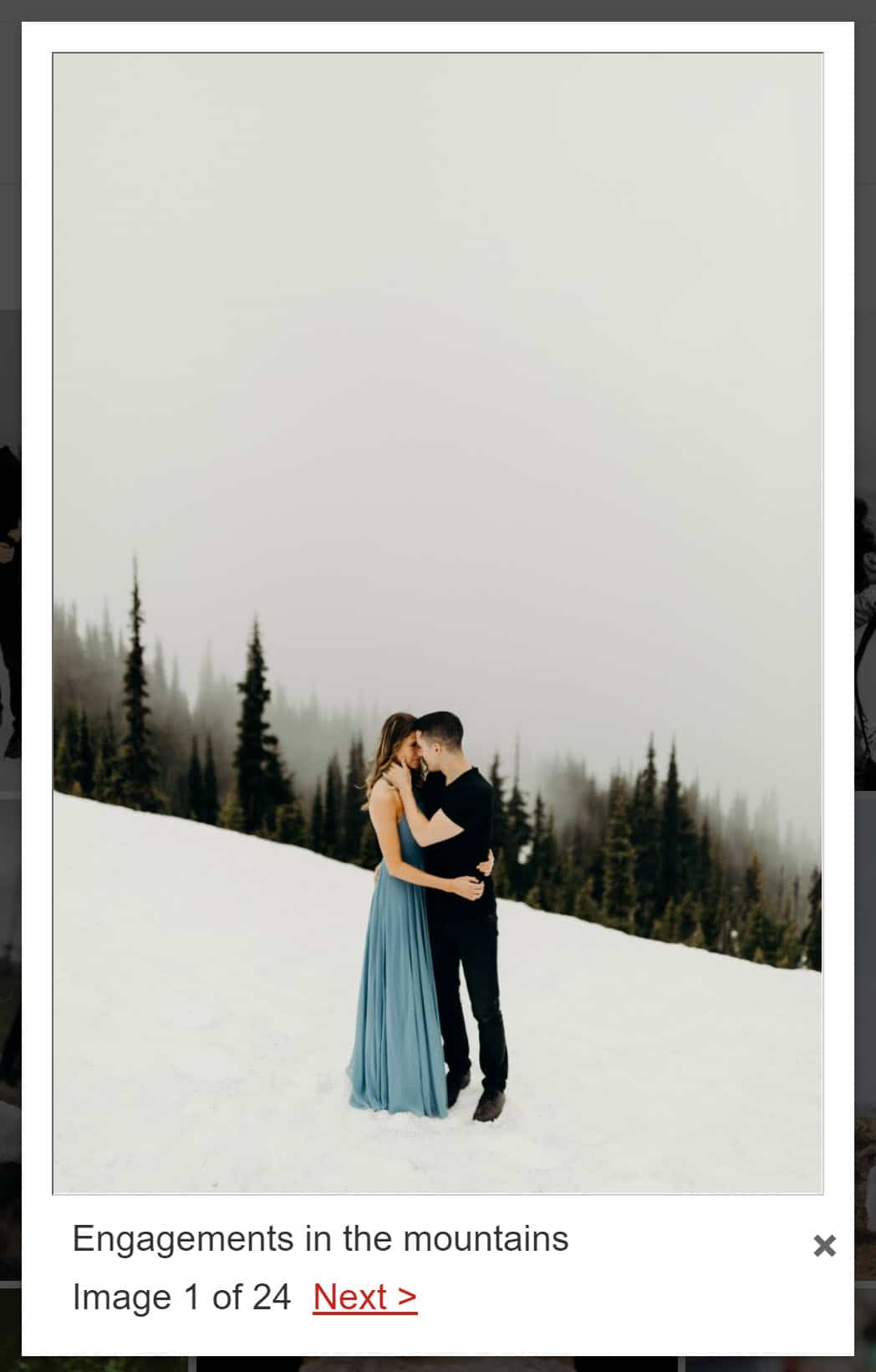 Screenshot of our Thickbox Lightbox Effect, and a photo of two people kising in the snow