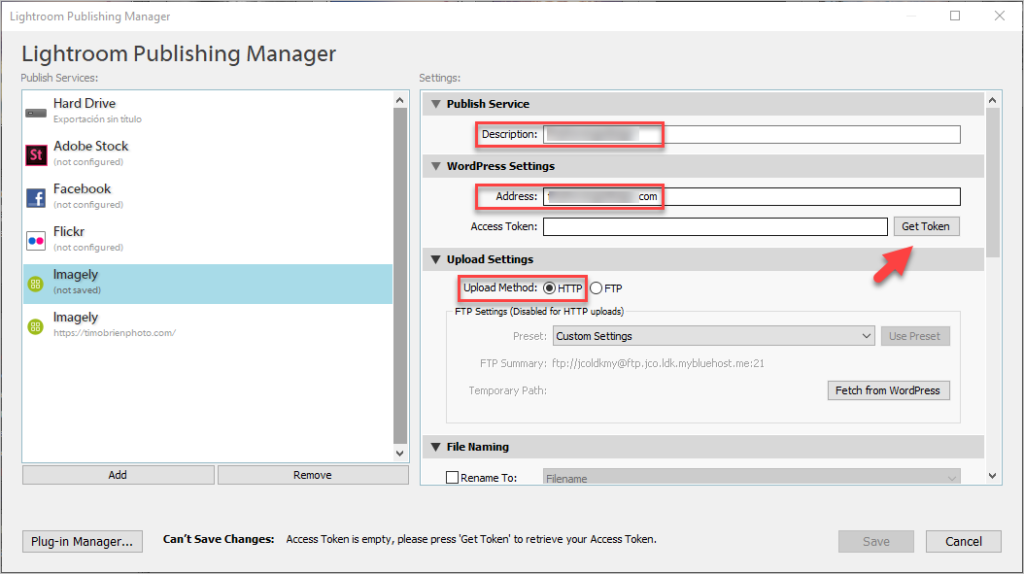 Lightroom publishing service name and settings