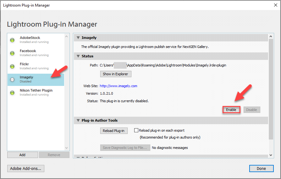 Imagely Lightroom plugin enable