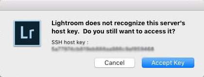 Text reads "Lightroom does not recognize this server's host key. Do you still want to access it?"