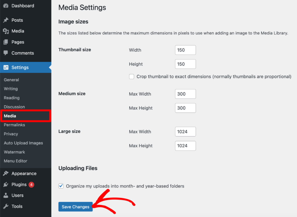 Adjust default WordPress image sizes in Media Settings