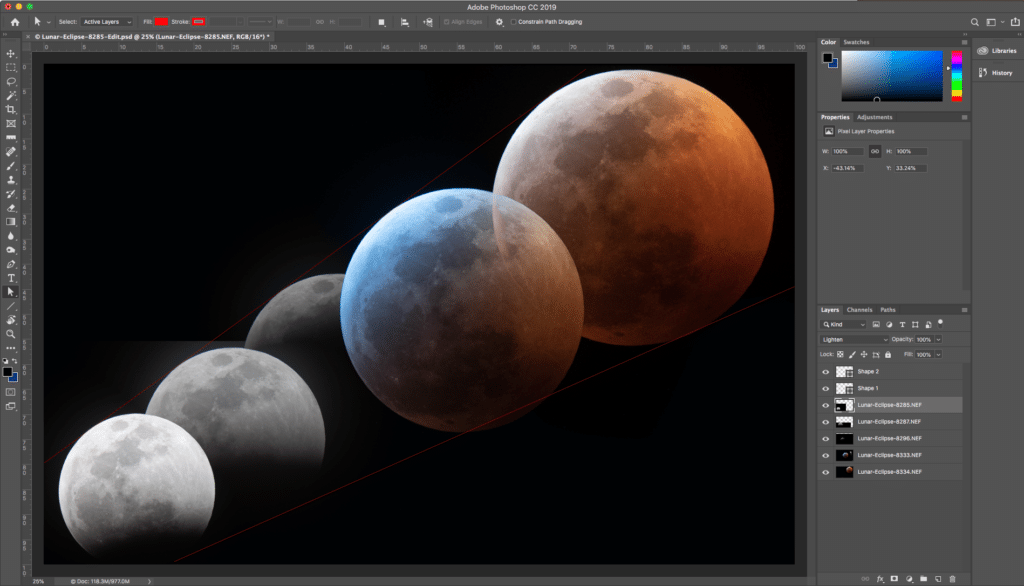 I created a couple of shape layers and drew two diverging diagonal lines from near the bottom left towards top right to act as guides then used “Free Transform” to scale and move each layer into its intended position. The dominant, red moon in the top right was actually scaled up by a factor of about two compared to the original. Yes, I know I shouldn’t upscale images but, in this case, it was a lot easier and cheaper than investing in a 1000mm lens. After this process, I ended up with the following.