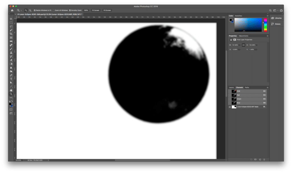 To get rid of this, I used another old trick (again, I’m sure there’s some other way to do this now but I know this method and it works well so…). I switched to the Channels palette, selected the latest layer mask and applied a 16-pixel Gaussian blur (Filter/Blur.../Gaussian Blur…).