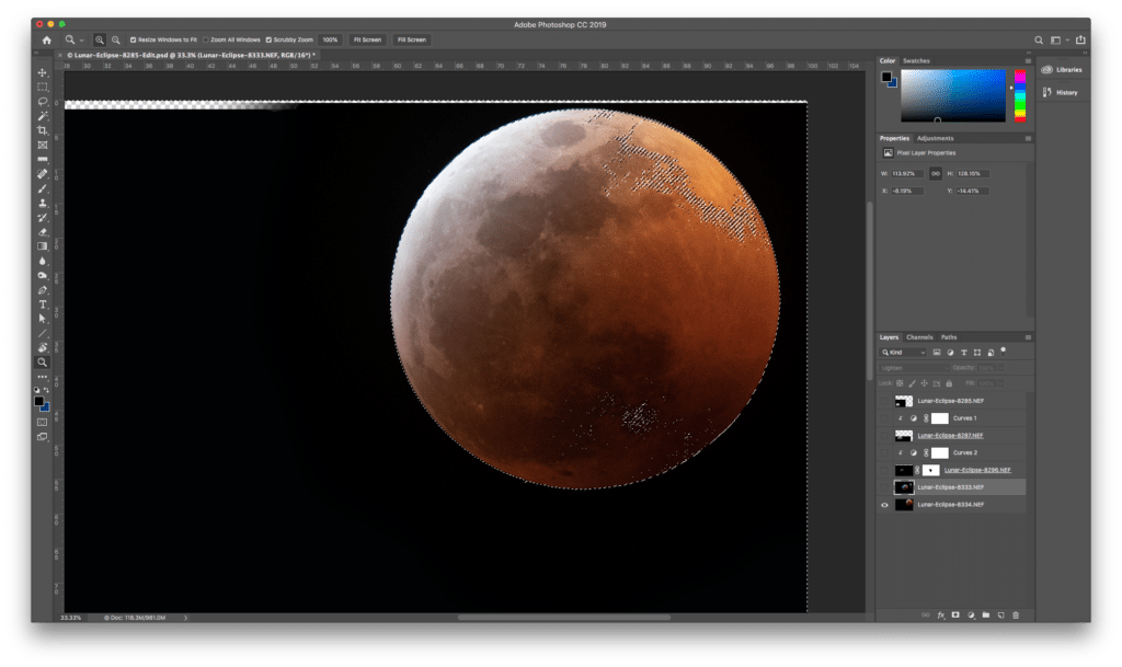 Note that the dancing ants were visible around the whole frame here. Next, I made the blue moon layer visible and, with the selection still active, created a new layer mask for the blue moon. This picked up the selection I had active and masked the blue moon the way I wanted.