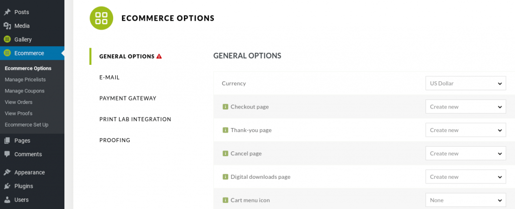 Once NextGEN Pro is installed and activated, go to Ecommerce > Ecommerce Options > General Options. This is where you can assign the checkout, order confirmation, thank you, cancellation, and digital download pages: 