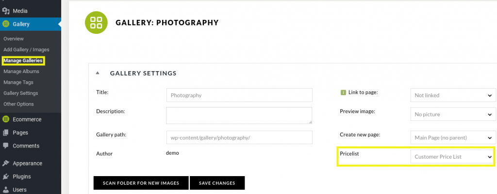 Under Gallery > Manage Galleries, you can choose from existing photo galleries or choose Add New Gallery. After you select the gallery you want, click Gallery Settings and select a price list under the Pricelist drop-down menu:
