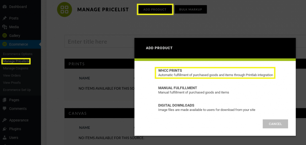 Now it's time to create an image price list. To do this, navigate to Ecommerce > Manage Pricelists > Add New. Name your list, and then select Add Product > WHCC Prints: