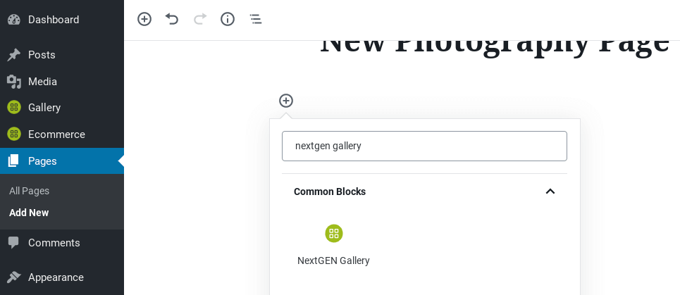 Next, go to Pages. You can choose an existing page or add a new page, and then insert a new block. In the search bar, type in NextGEN, and then select the NextGEN Gallery block. Inside the block, choose Add NextGEN Gallery: