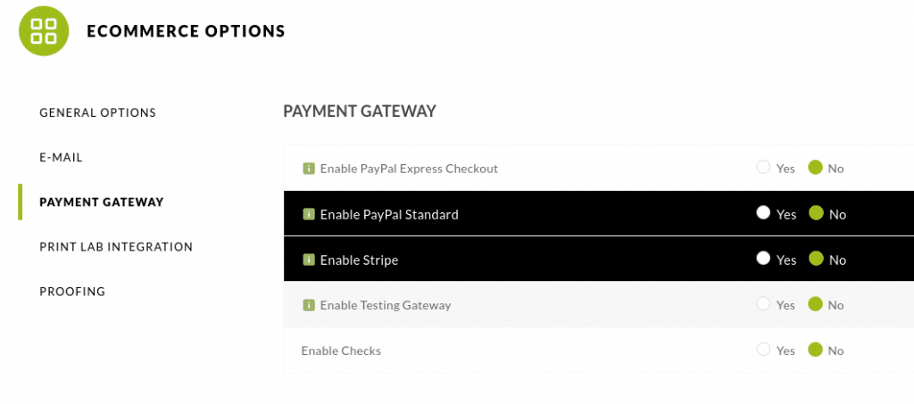 Next, you'll need to configure a payment gateway. You can do this by going to Ecommerce Options > Payment Gateway. You can enable PayPal payments and credit card payments (via Stripe):