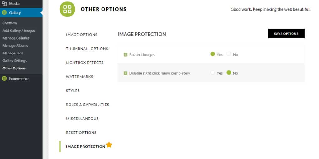Another layer of protection that can prevent theft is disabling right-click on your images. While you could use a plugin such as No Right Click Images, NextGEN Pro has right-click image protection built-in: