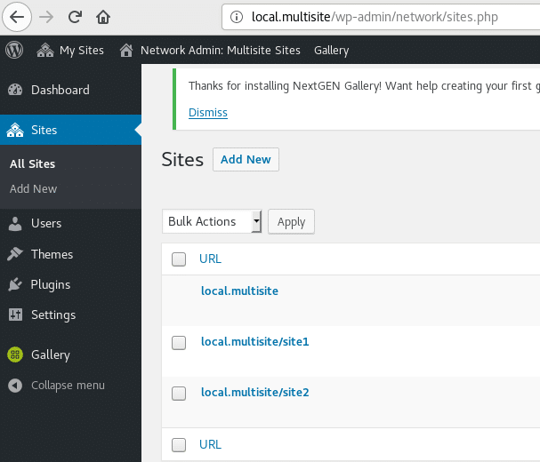 Screenshot of the available sites on a multisite WordPress local install