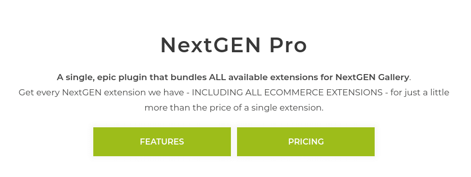 NextGEN Pro is a premium extension of our flagship plugin. You can install it right alongside NextGEN Gallery to incorporate additional features for displaying, promoting, and even selling your photos. It takes basic photography sites to the next level and turns them into full-scale professional hubs: 