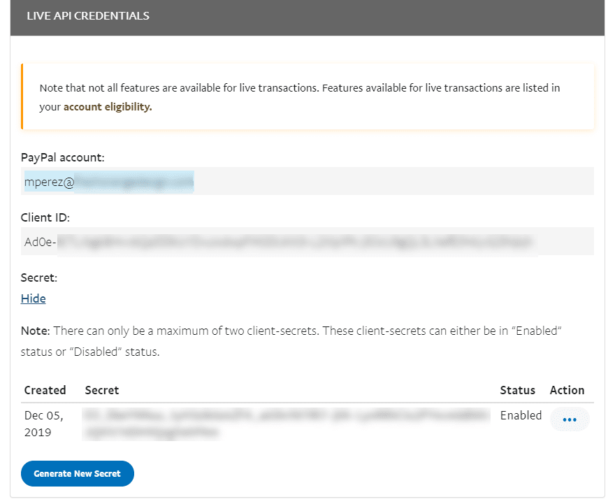 PayPal Live API credentials