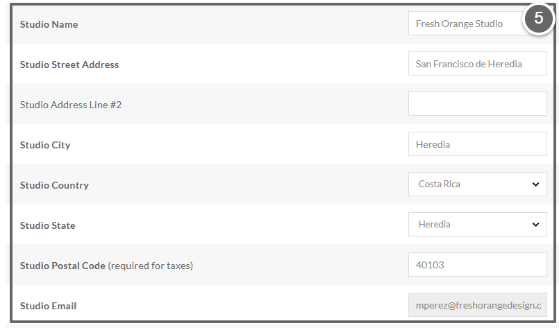 Studio name, address and email