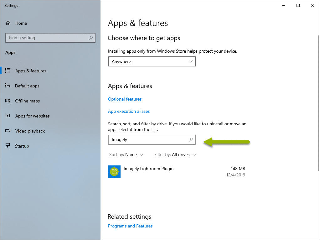 Screenshot of Windows Settings Apps and features