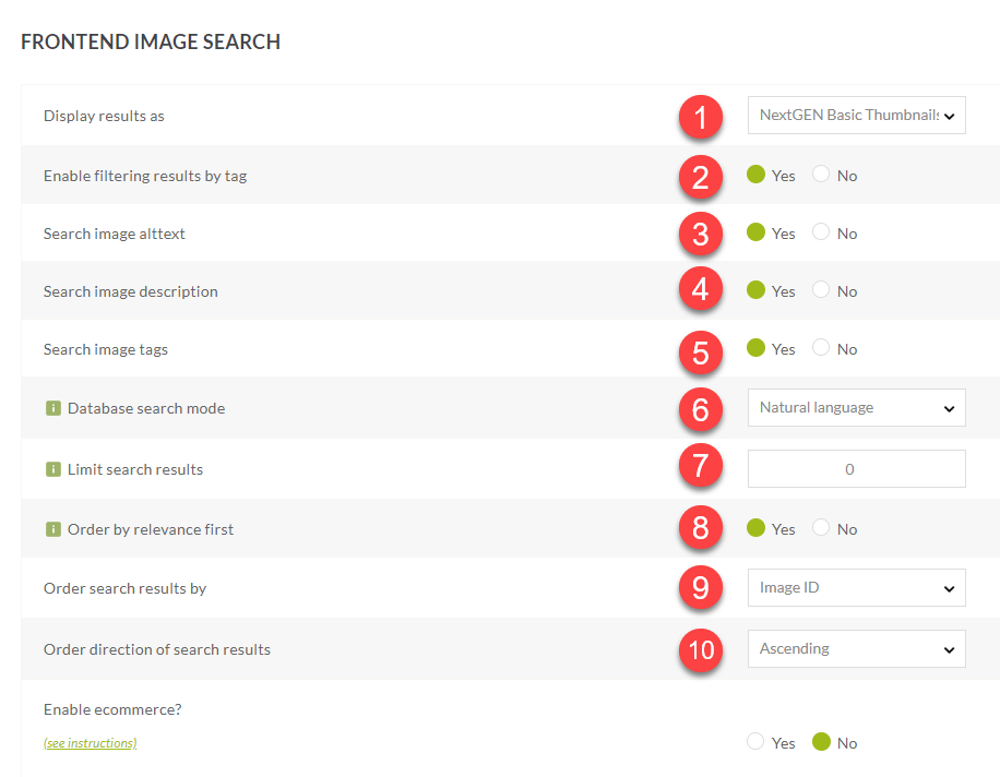 Front End Image Search Settings 