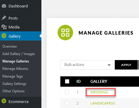 Manage gallery, shows the gallery name underneath the gallery column