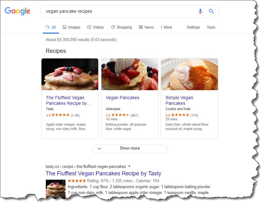 Structured data is one of the new frontiers in SEO. It is a way to mark-up content on your site so that it is more easily machine-readable. Google is a big advocate because it helps them better understand the content on your site, and makes it easy for them to use it to create rich search results, such as this example for “vegan pancake recipes”…