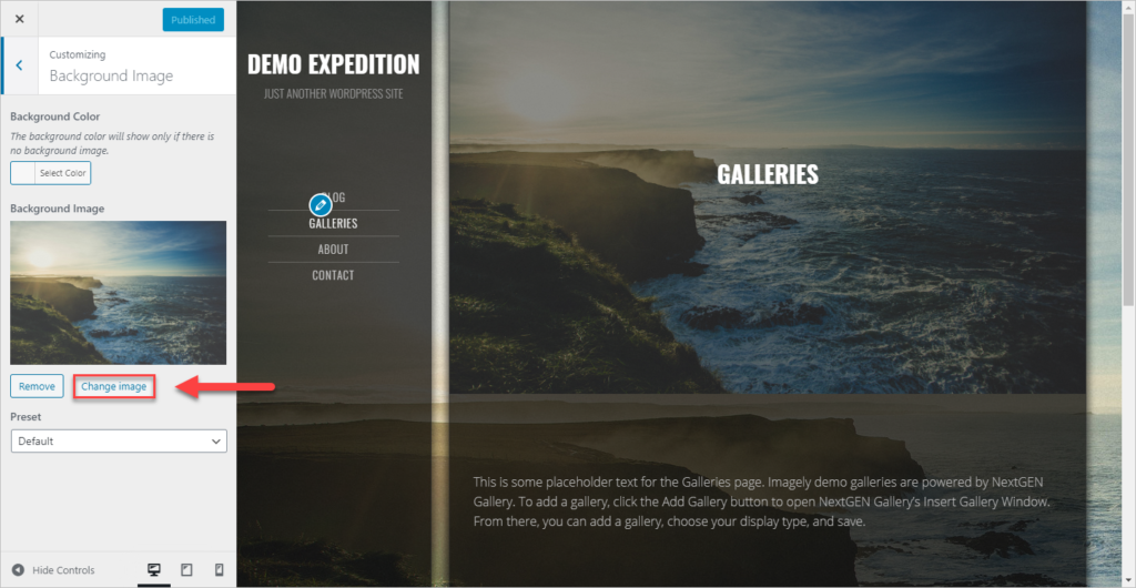 Screenshot of the customize area and "Change image" button, there is athumbnail of a beautiful sea sea landscape