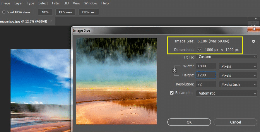 To view and change the dimensions in Photoshop, you can go to Image > Image Size: