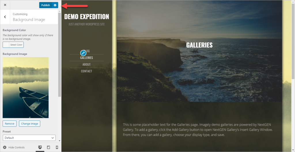 Click on Publish button on the customize area, the boat image is now visible as the background image and just need to be saved