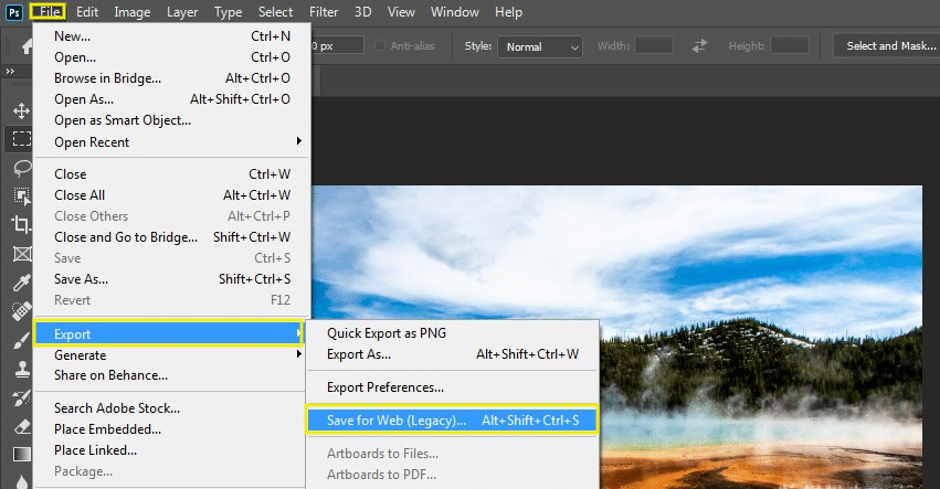 To access this feature, open your image in Photoshop. Then navigate to File > Export > Save for Web (Legacy):