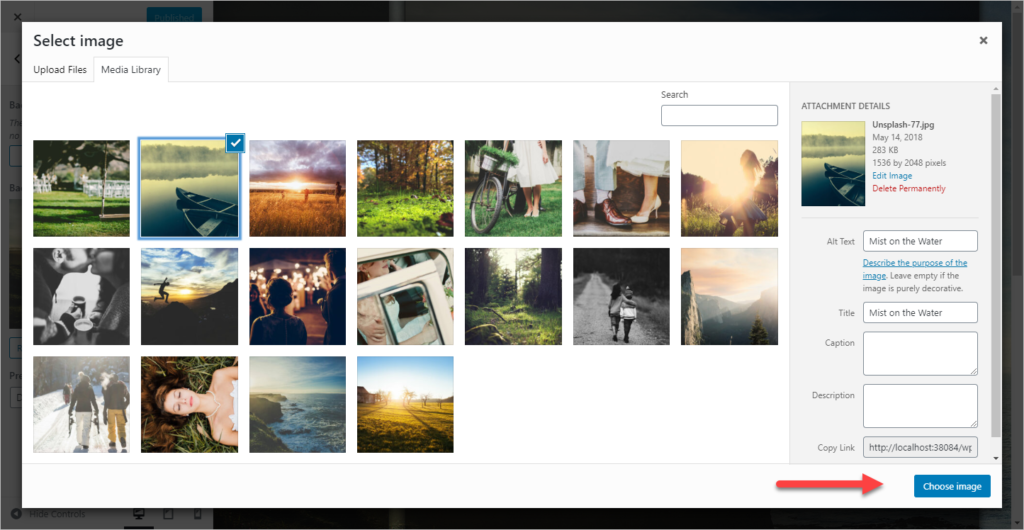 License created from API - Photocrati Select the image interface user by wordpress, the screenshot shows an image of a boat being selected