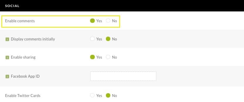 On this page, you'll be able to customize the color and style options for your gallery. If you scroll down to the Social section, you'll see an option to Enable comments: