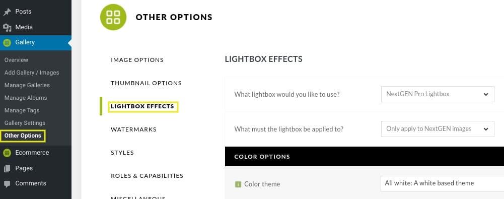 Once you have your NextGEN plugins installed and activated, you’re ready to turn on image commenting. From your WordPress dashboard, navigate to Gallery > Other Options > Lightbox Effects: