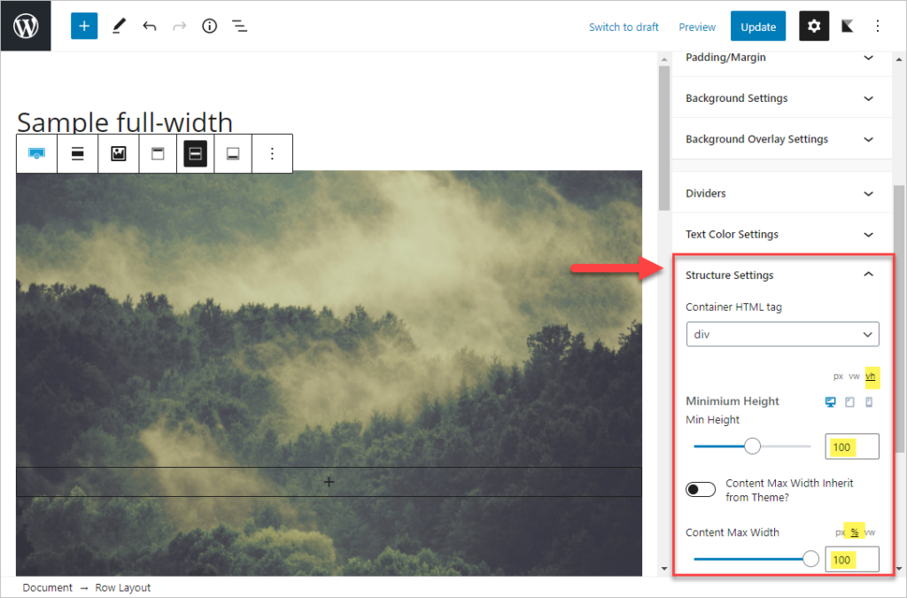 Structure settings sample full width row