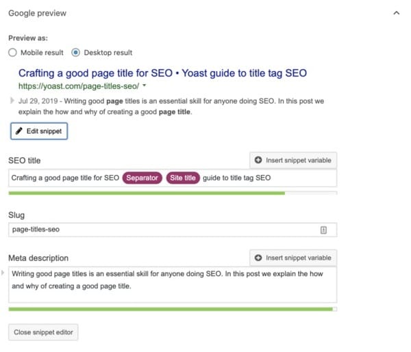 Title tags and Meta Description tells the search engine what your page is about and further helps in indexing. Use the Yoast SEO plugin to add Title tags to your posts and pages.