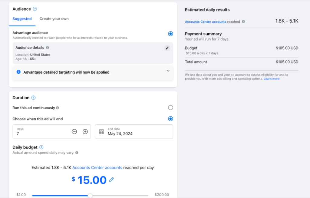 audience-and-duration-new-facebook-ad | Imagely New Facebook ad - audience and duration settings