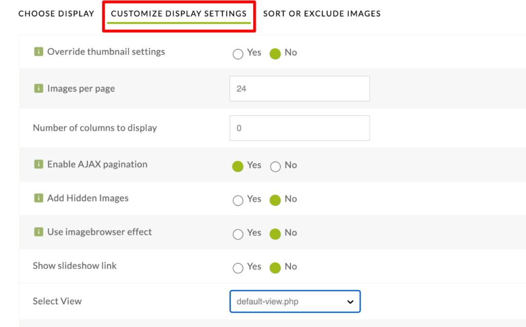 Imagely Insert Into Page - Customize Display Settings