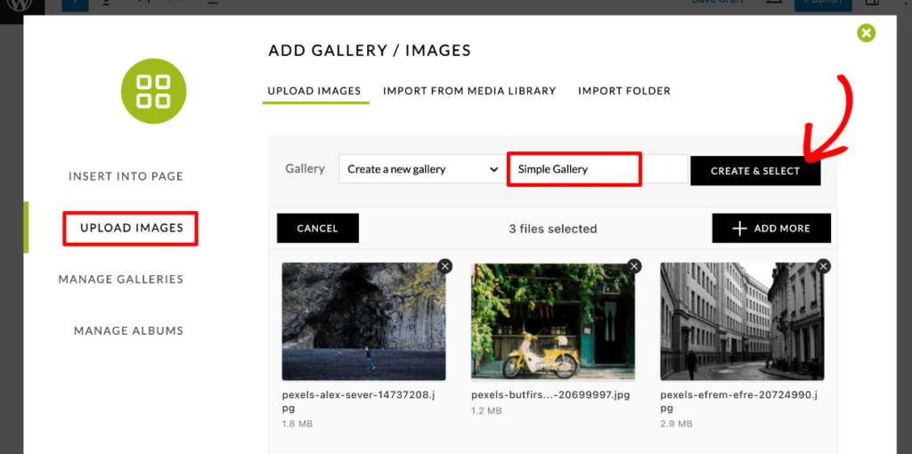 WordPress editor Imagely block - Upload Images