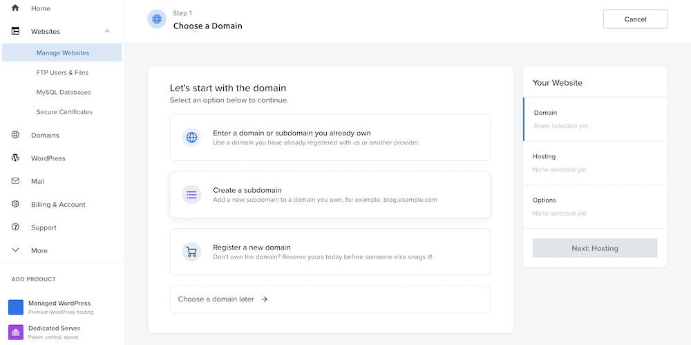 Creating a new site in DreamHost.