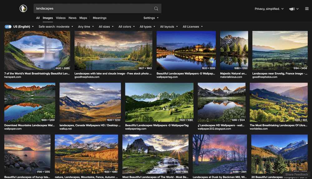 A SERP page for landscape images.