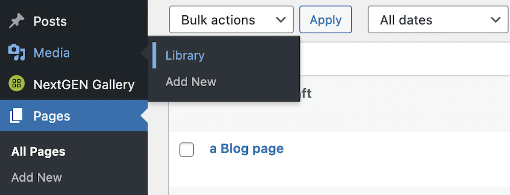 The Library link within WordPress.