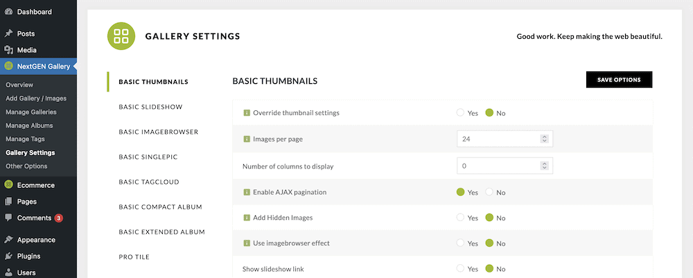 The Gallery Settings page.