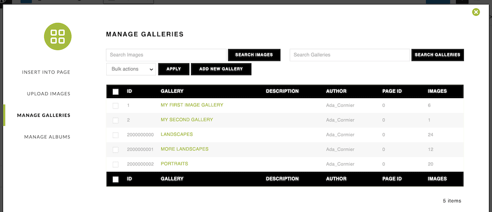 The Manage Galleries page.