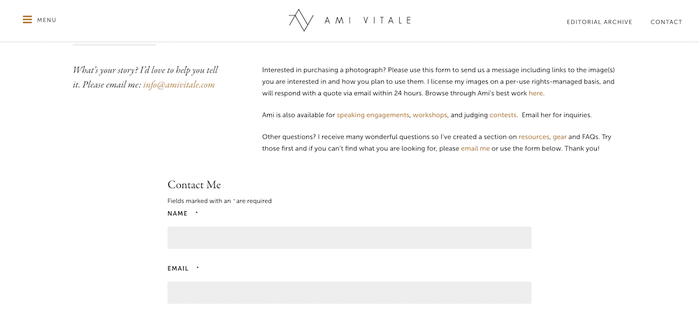 Ami Vitale's website, showing the contact page and information.