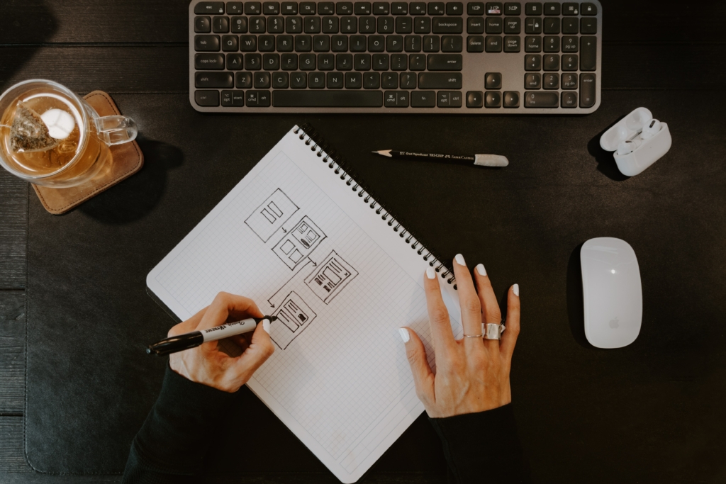 A woman drawing a workflow table on a paper