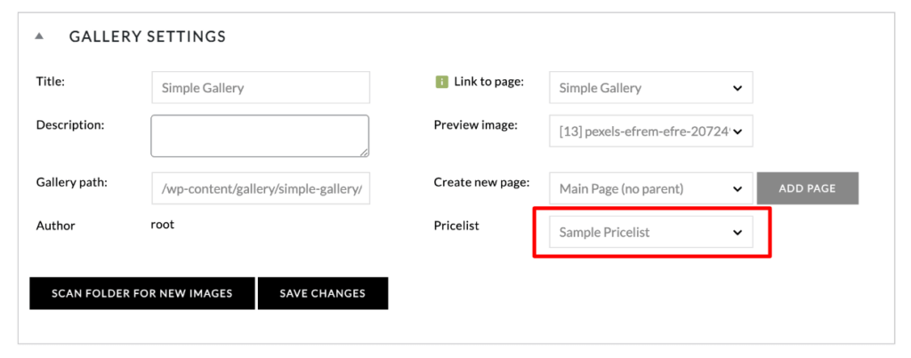 Gallery settings - Assign pricelist to gallery
