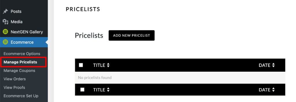 Manage pricelists - add new pricelist