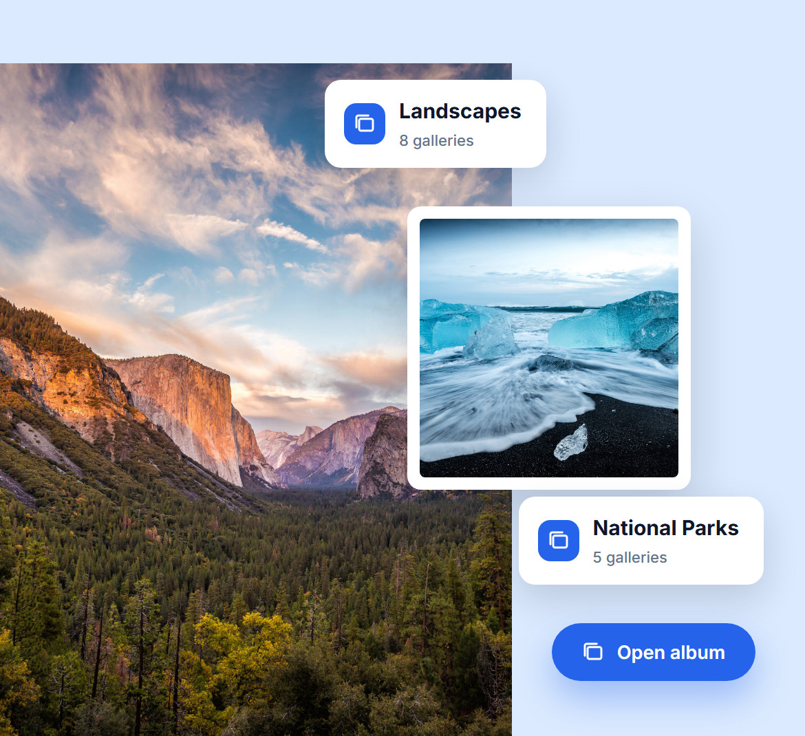 Two albums, Landscapes with 8 galleries and National Parks with 5, over a Yosemite valley photo, with an Open album button