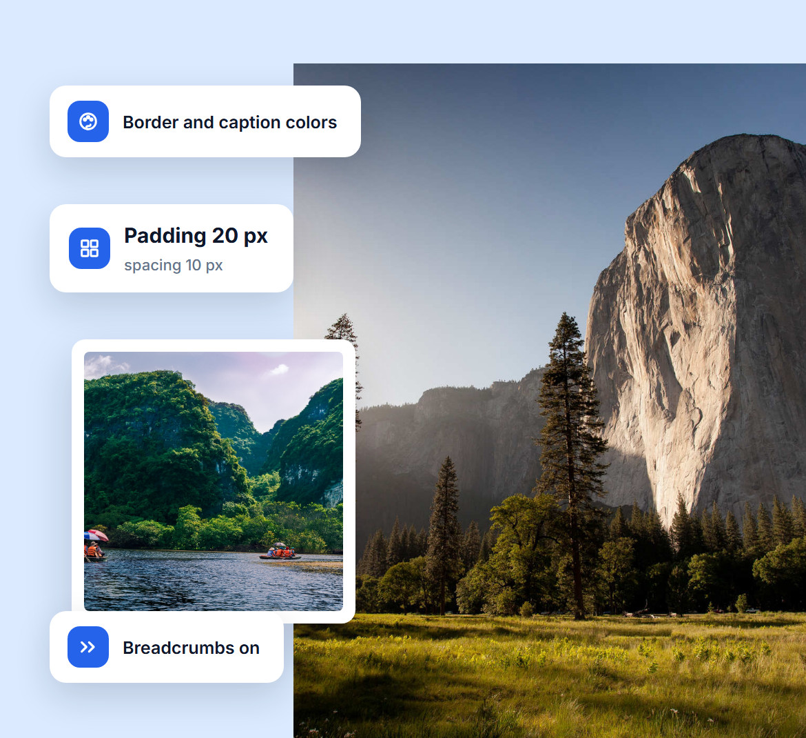 Album style settings for border and caption colors, 20 px padding and 10 px spacing, with breadcrumbs turned on