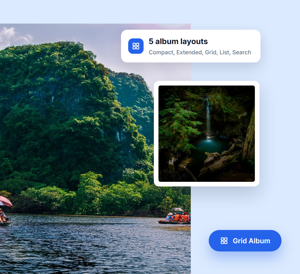 The five album layouts, Compact, Extended, Grid, List and Search, with Grid Album selected
