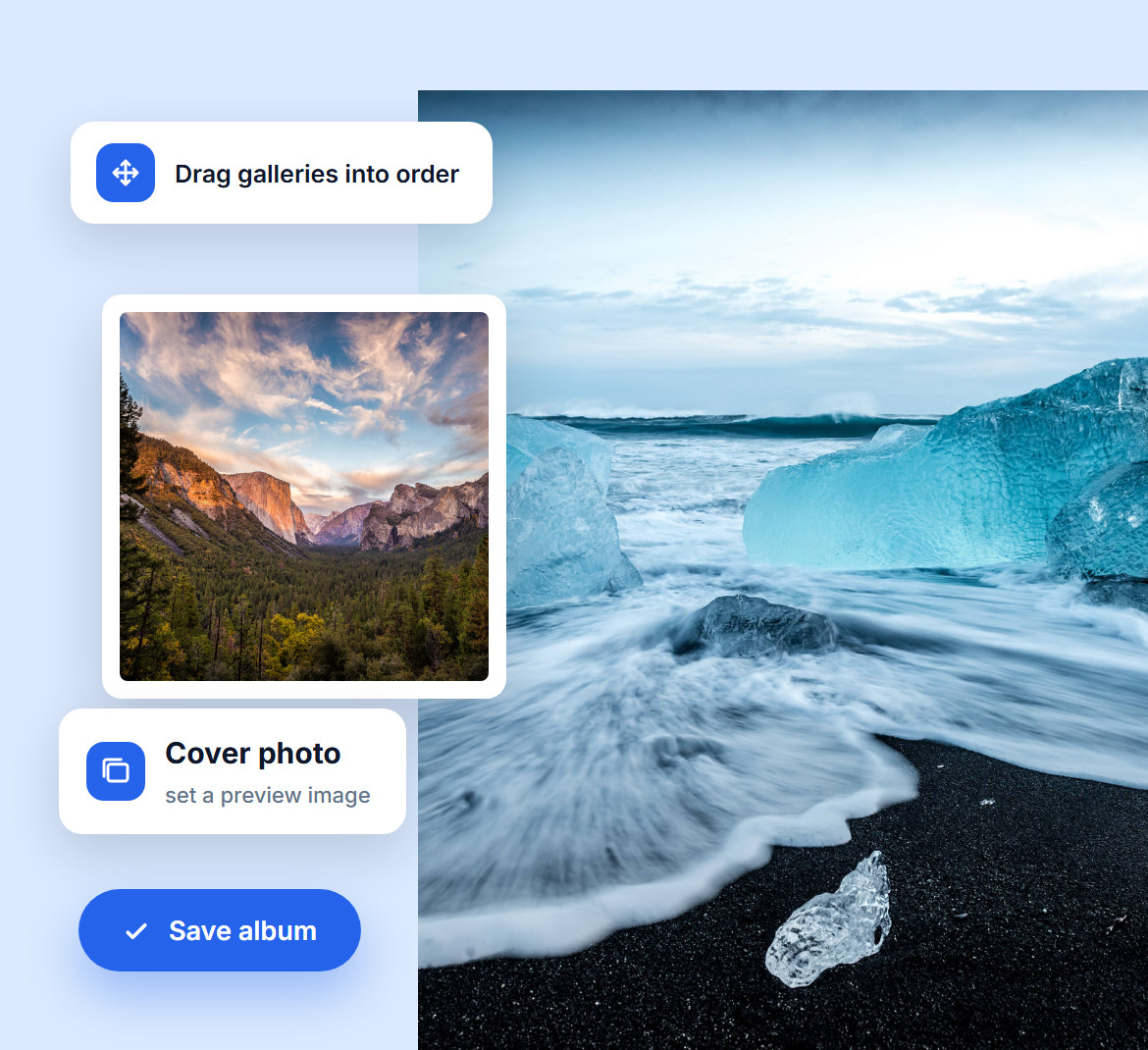 Galleries dragged into order inside an album, with a cover photo set as the preview image and a Save album button