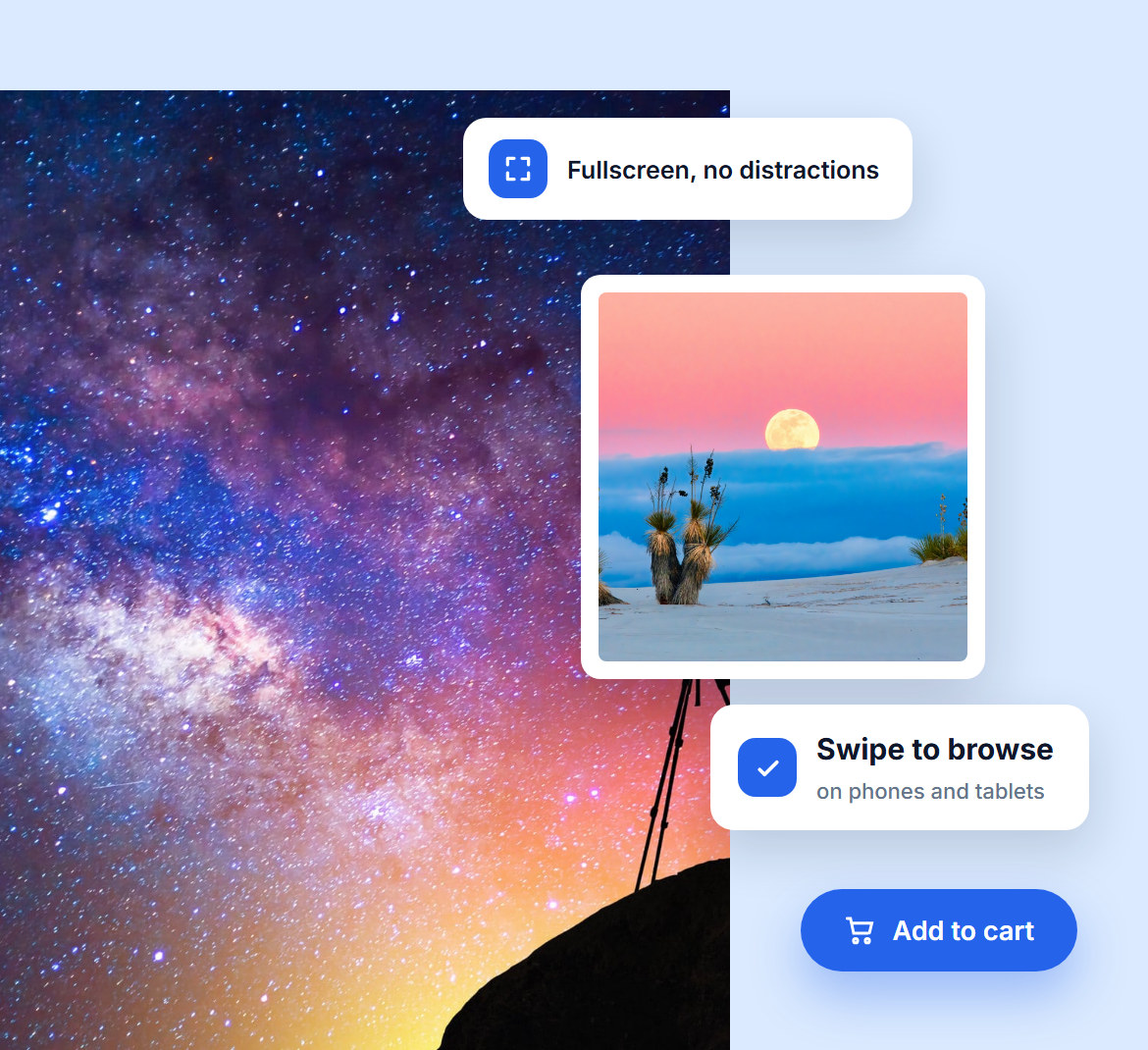 A Milky Way photo opened fullscreen in the lightbox, with swipe browsing on phones and an Add to cart button