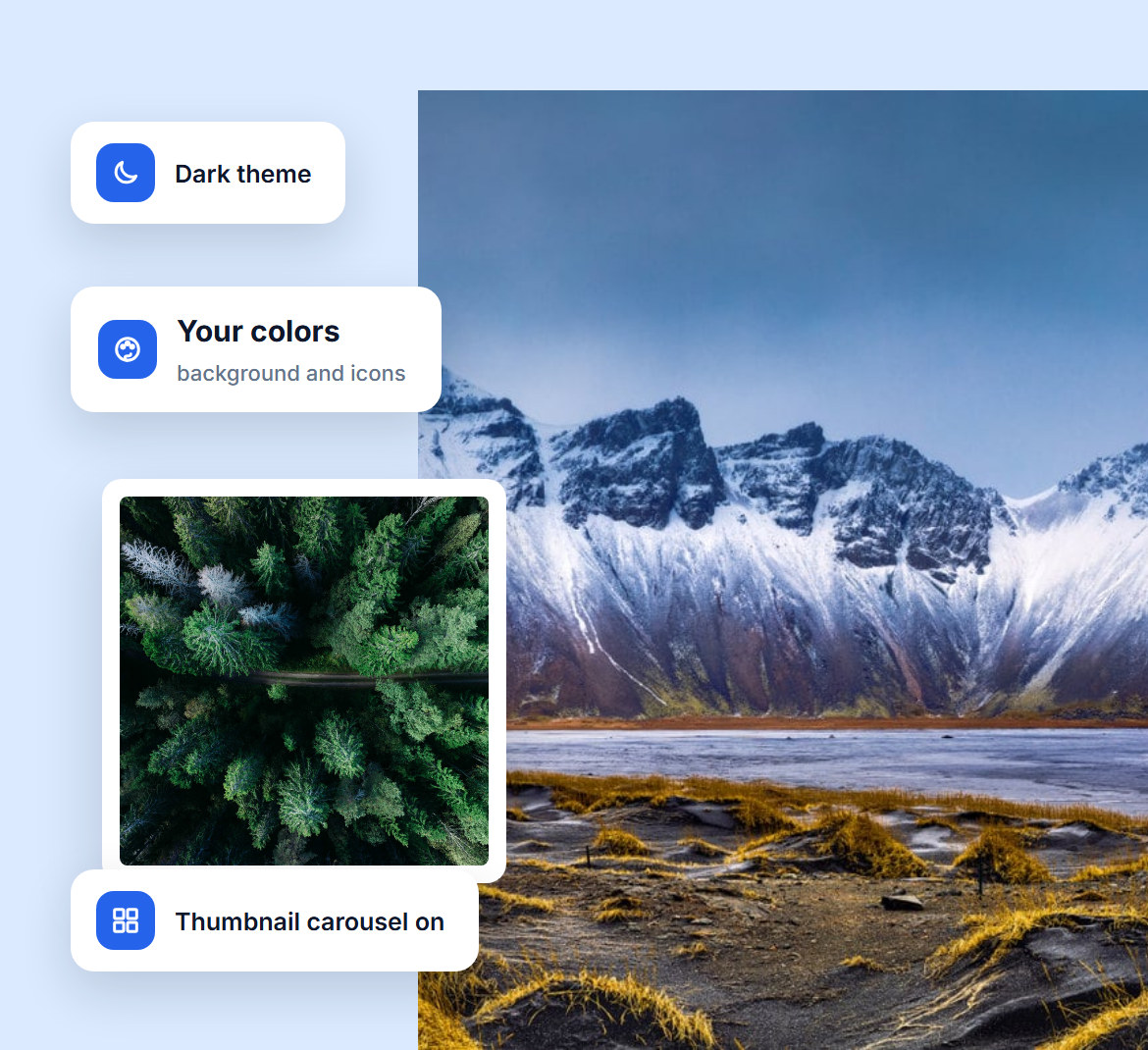 Lightbox design settings with a dark theme, custom background and icon colors, and the thumbnail carousel turned on, over a snowy mountain range